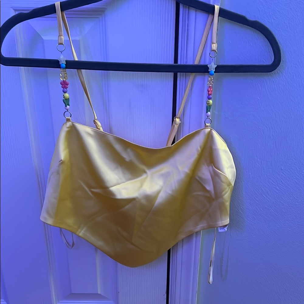 Forever 21 Yellow Satin Crop Top with Beaded Straps